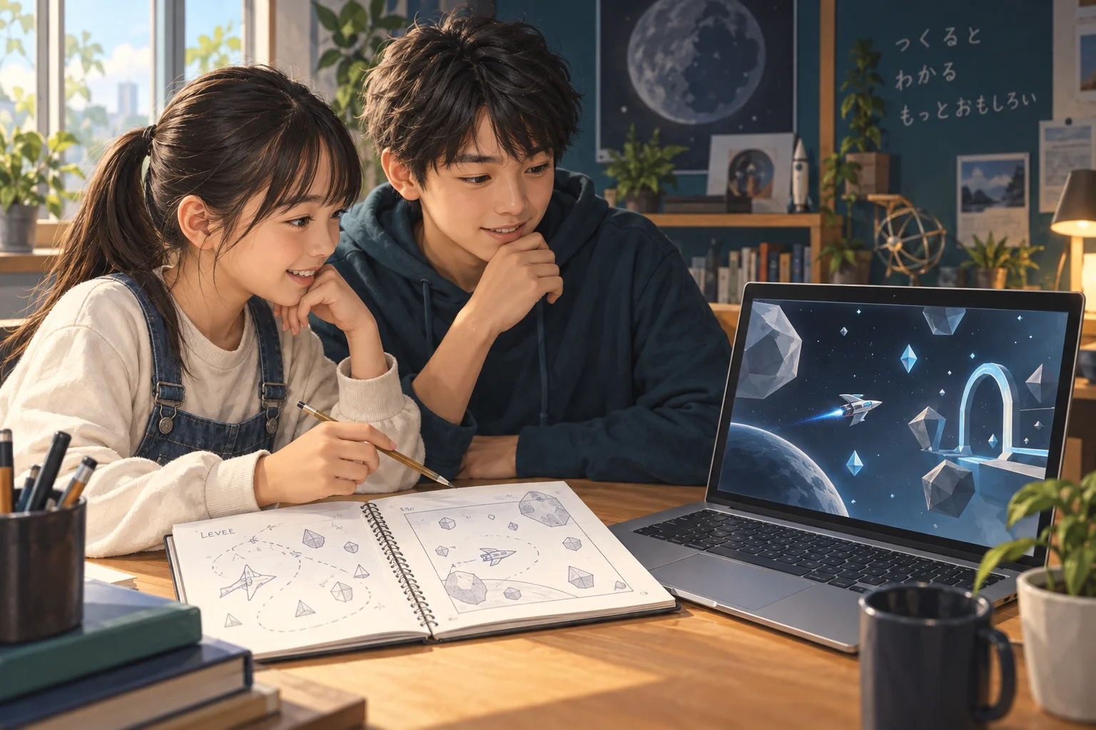 ノートの設計図と画面を見比べ、自分たちのゲームを考える二人。学びのイメージイラスト。